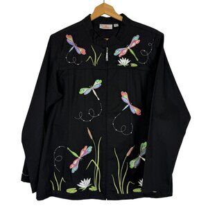 Quacker Factory Black Embroidered Dragonflies Jacket Sz Large Zip Up Colorful